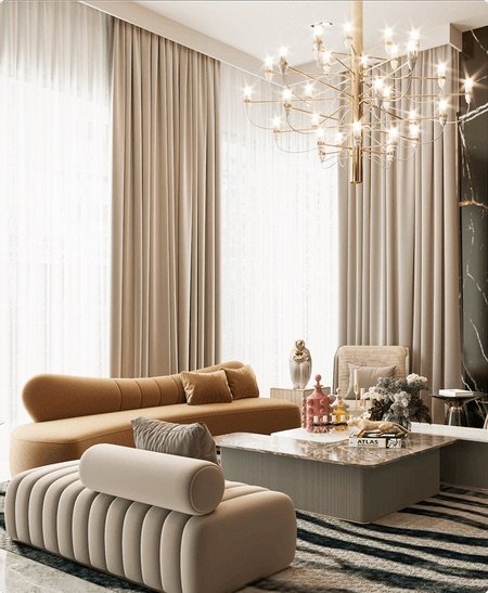 Formal living room with sheer drapery and a brass chandelier